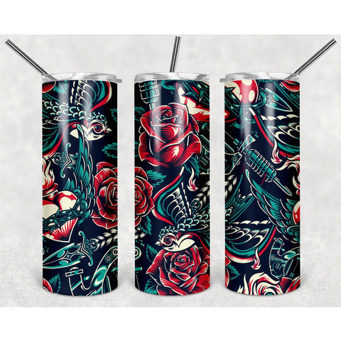 Realistic Painted Rose Pattern PNG, 20oz Skinny Tumbler Design, Sublimation Designs PNG File - TheDigitalSVG