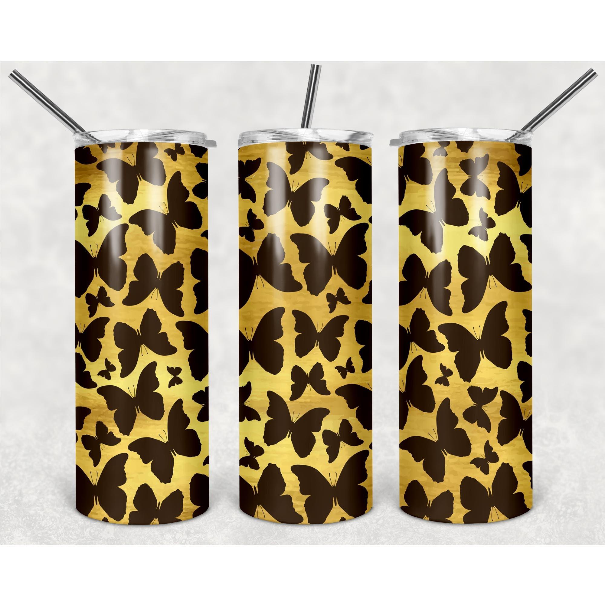 Dark Brown Butterfly Pattern On A Yellow Background PNG, 20oz Skinny Tumbler Design, Sublimation Designs PNG File - TheDigitalSVG