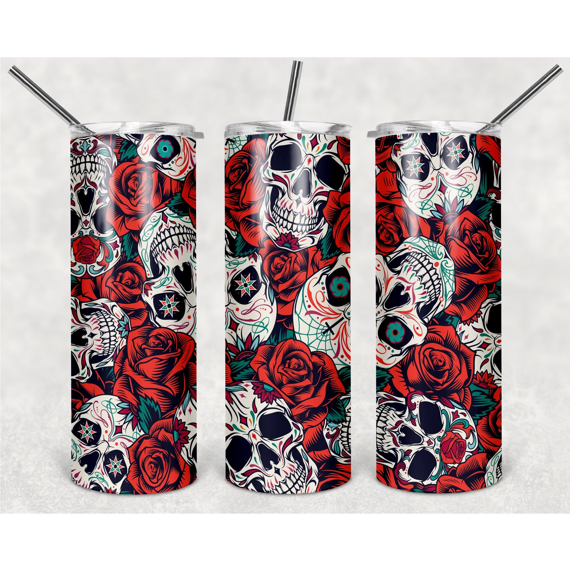 #Colorful Skull Motifs With Roses PNG, 20oz Skinny Tumbler Design, Sublimation Designs PNG File - TheDigitalSVG