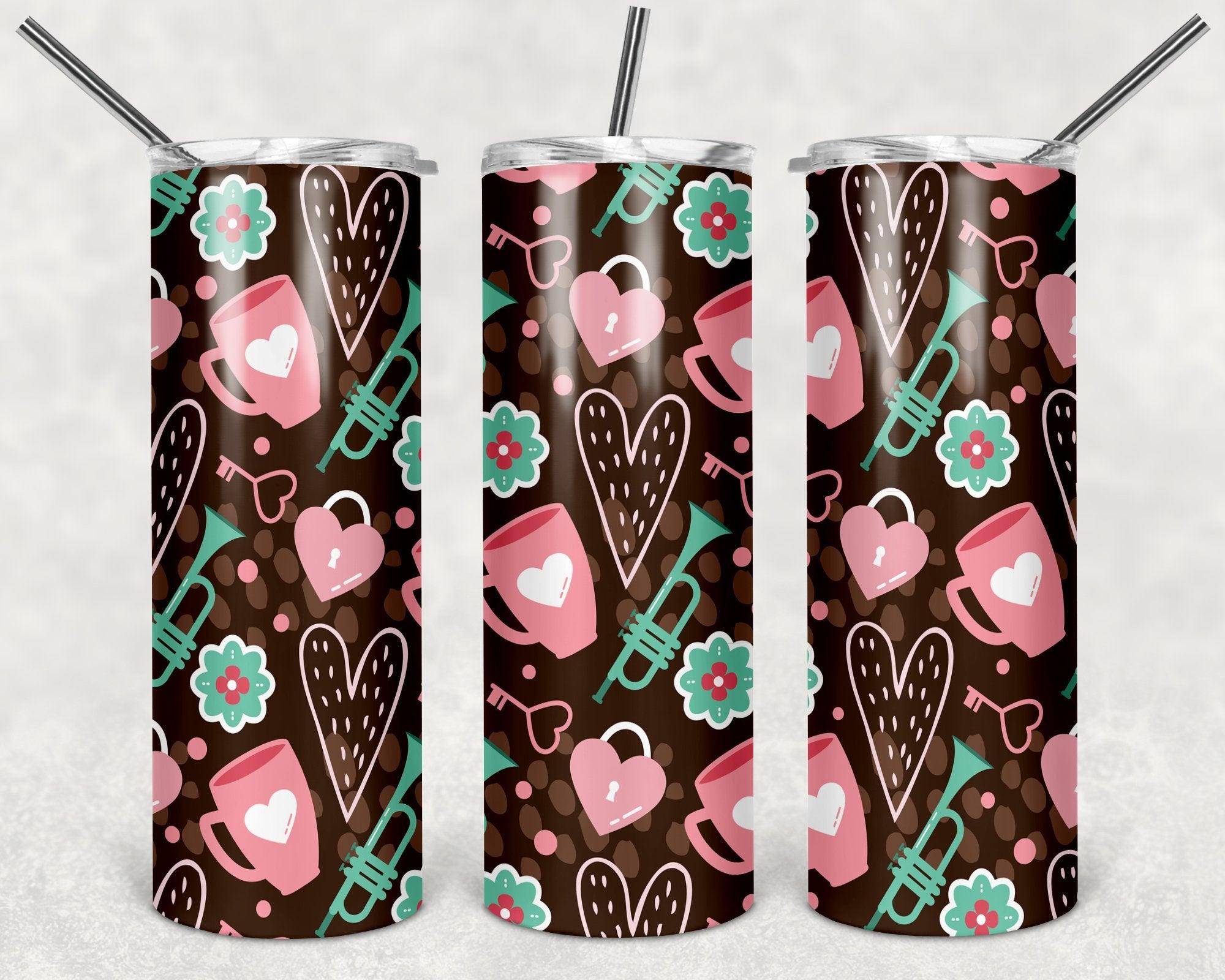 Green Trumpet And Pink Heart Pattern PNG, 20oz Skinny Tumbler Design, Sublimation Designs PNG File - TheDigitalSVG