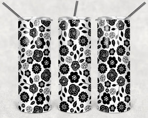 Black White Baby Flower Pattern PNG, 20oz Skinny Tumbler Design, Sublimation Designs PNG File - TheDigitalSVG