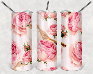 English Roses Tumbler Wrap PNG, Birds Seamless 20oz Skinny Tumbler Designs, Sublimation Designs PNG - TheDigitalSVG