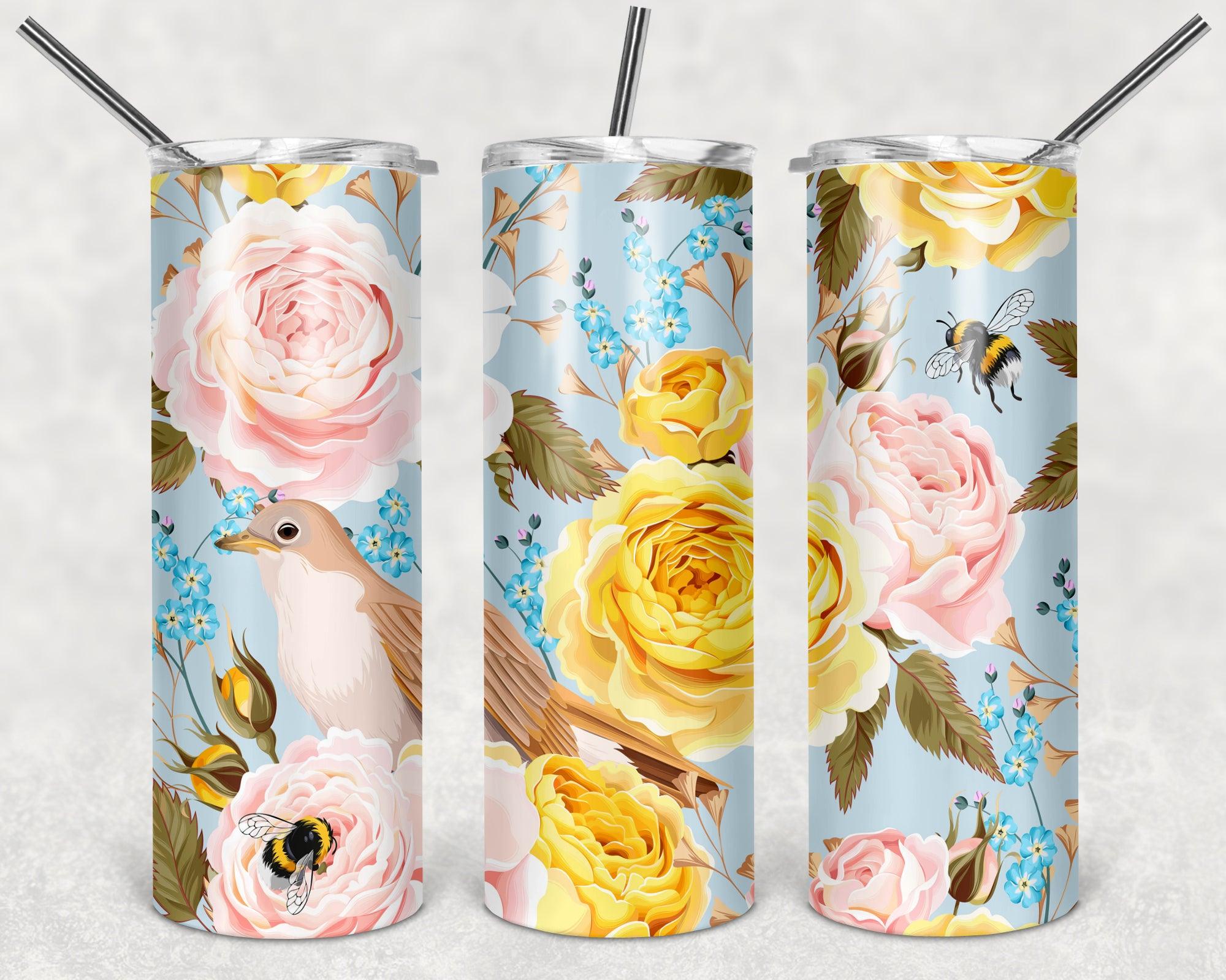 Bumblebee Floral Tumbler Wrap PNG, Flowers With Bees 20oz Skinny Tumbler Deisngs, Sublimation Designs PNG - TheDigitalSVG