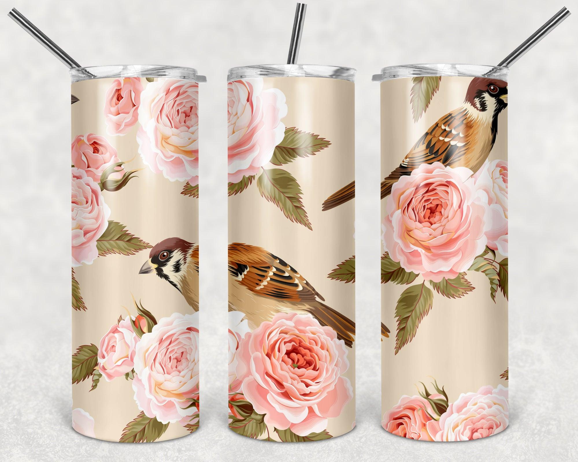Flower And Nightingale Tumbler Wrap PNG, Nightingale Background 20oz Skinny Tumbler Designs, Designs PNG - TheDigitalSVG